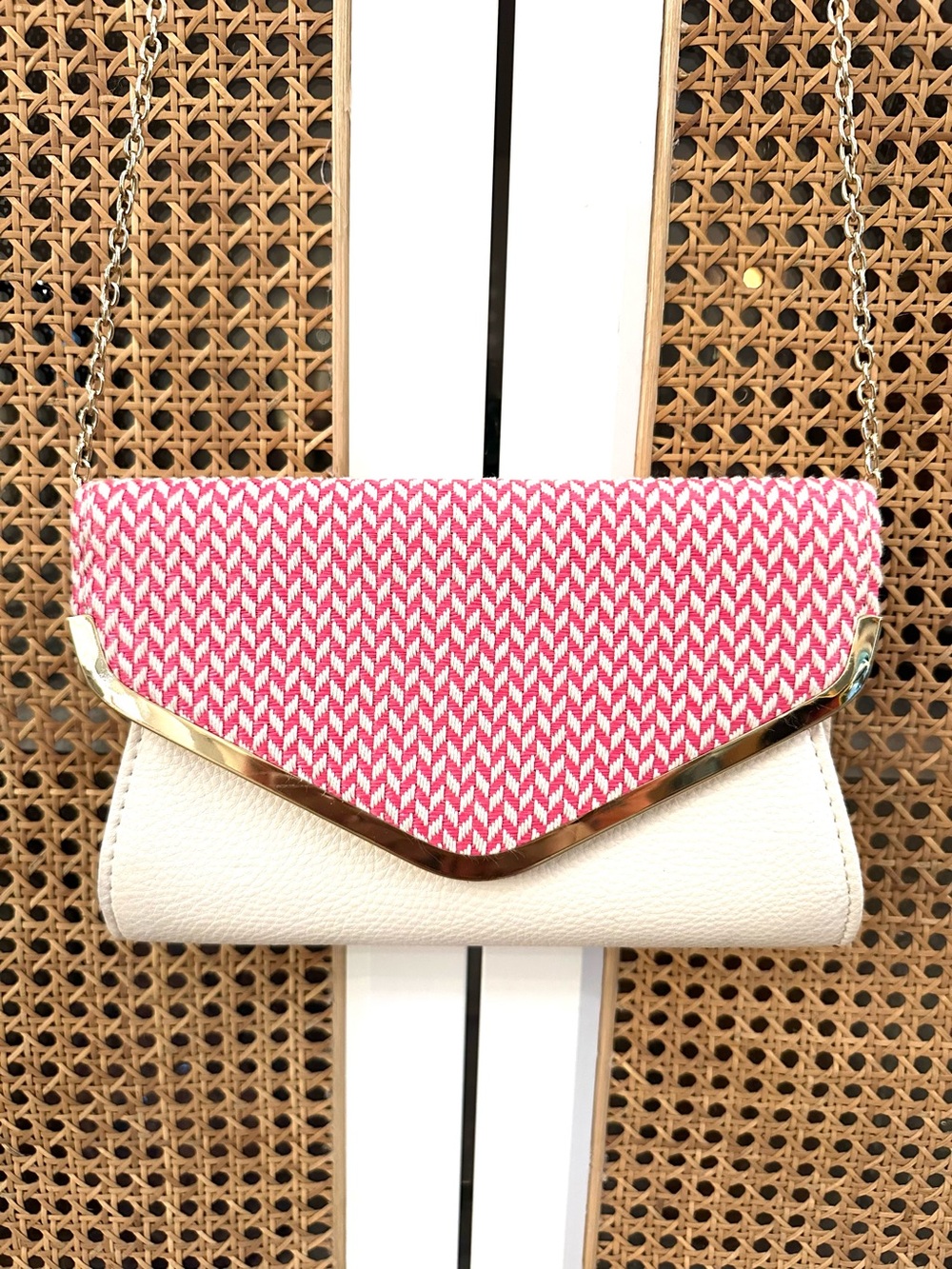 White and Pink Envelope Crossbody Bag with Gold Trim